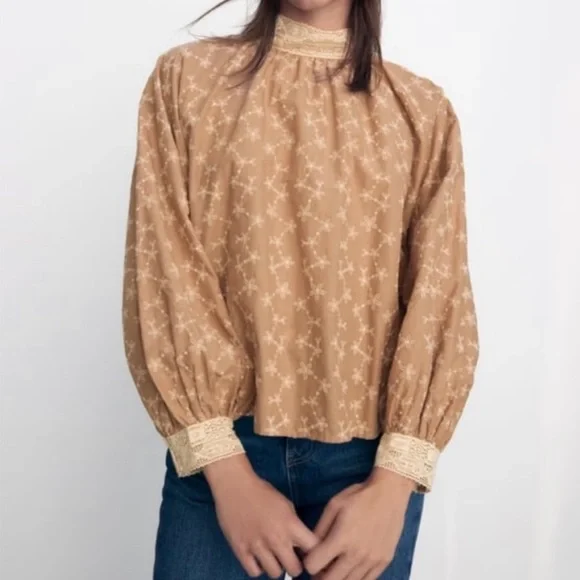 NEW Zara Beige Peasant Blouse with Balloon Sleeve Embroidered High Neck Blouse - Picture 3 of 8